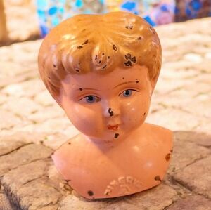 ANTIQUE MINERVA GERMANY #2 METAL TIN DOLL HEAD PART